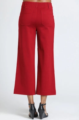 Red Velvet Ponte Cropped Wide Leg Pant with Patch Pocket