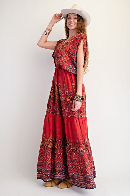 Border Printed Challis Maxi Dress