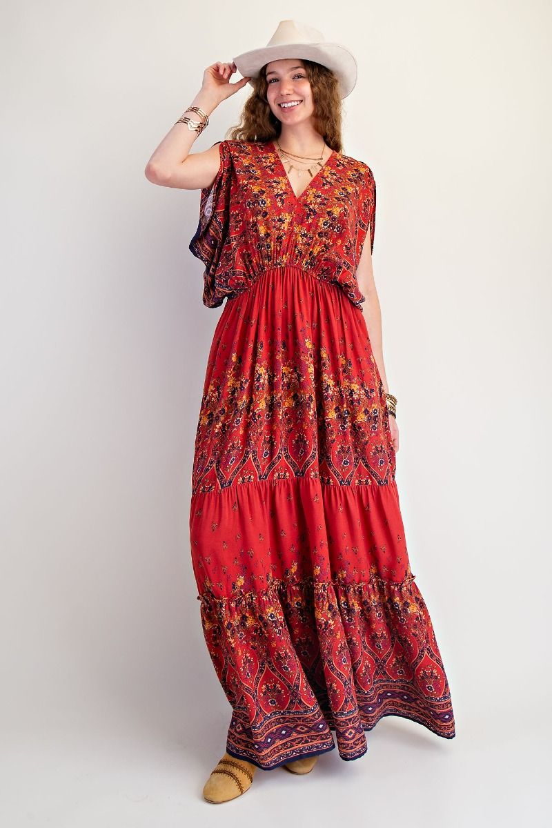Border Printed Challis Maxi Dress