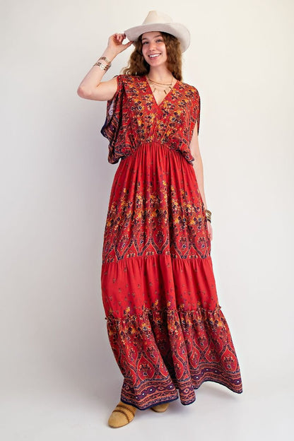 Border Printed Challis Maxi Dress