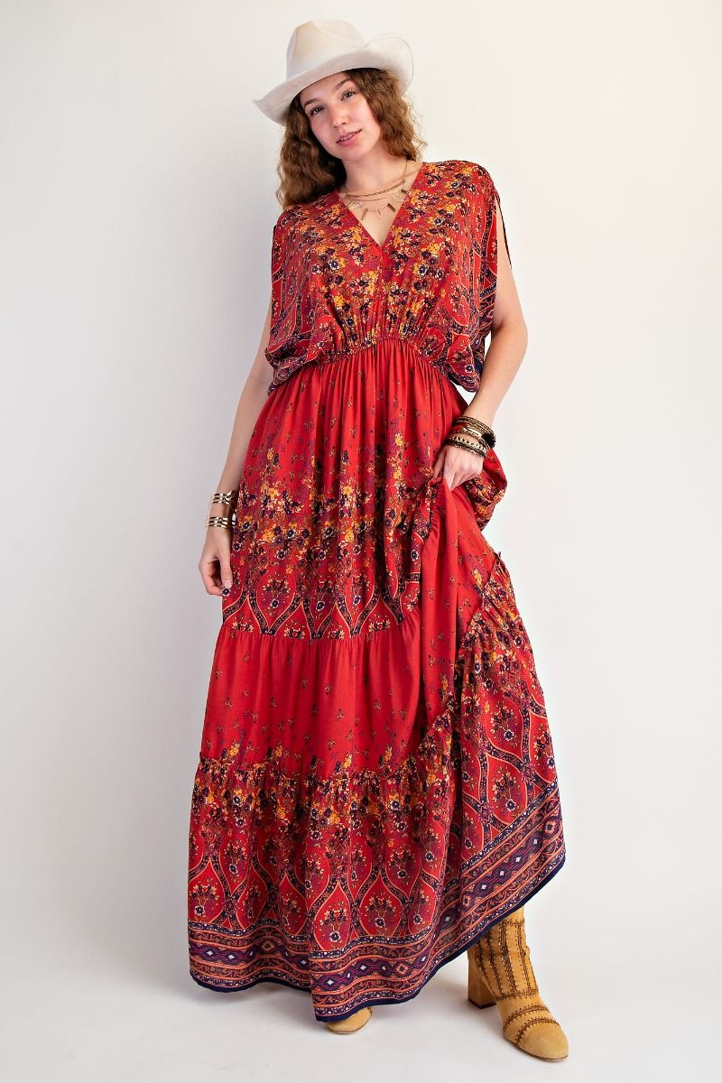 Border Printed Challis Maxi Dress