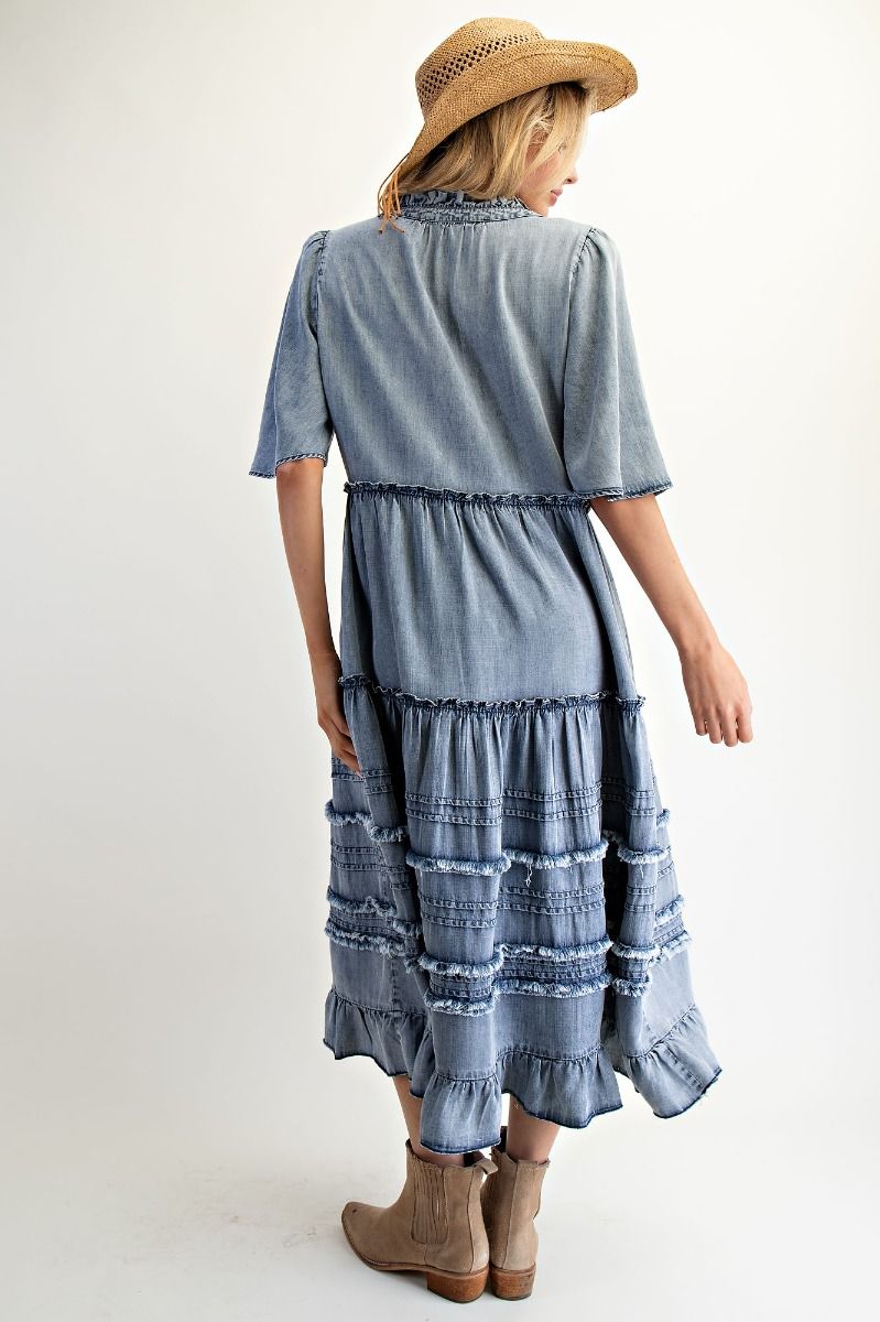 Wing Sleeves Washed Denim Maxi Dress