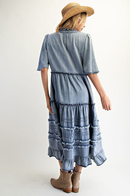 Wing Sleeves Washed Denim Maxi Dress