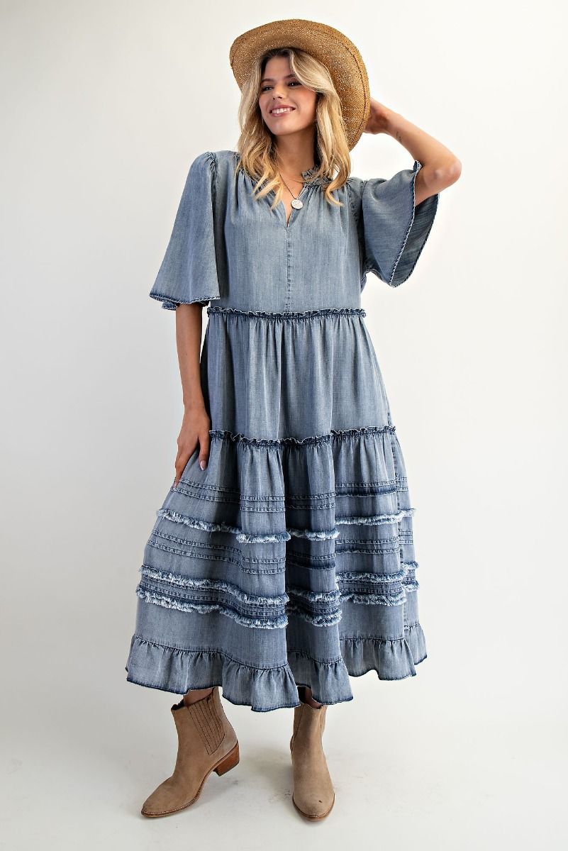 Wing Sleeves Washed Denim Maxi Dress
