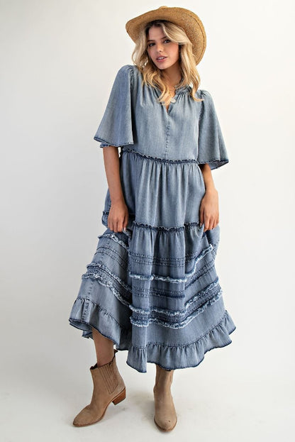 Wing Sleeves Washed Denim Maxi Dress