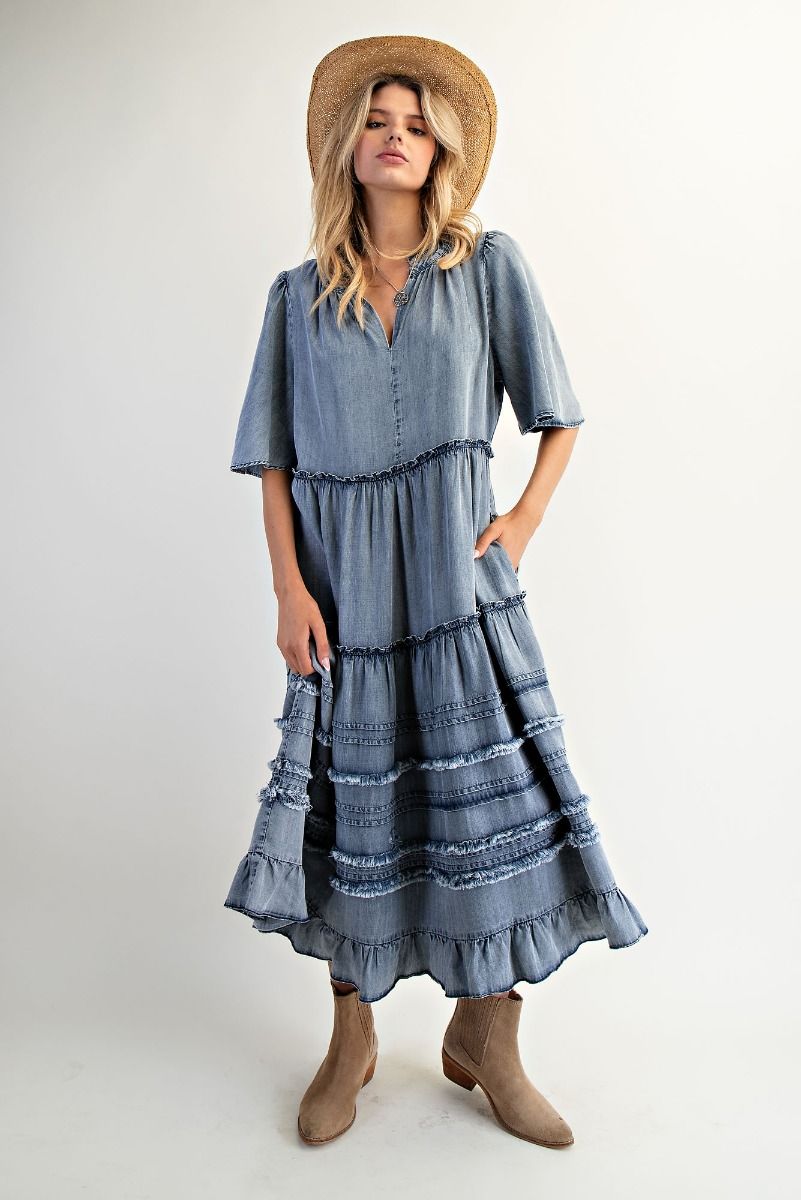 Wing Sleeves Washed Denim Maxi Dress