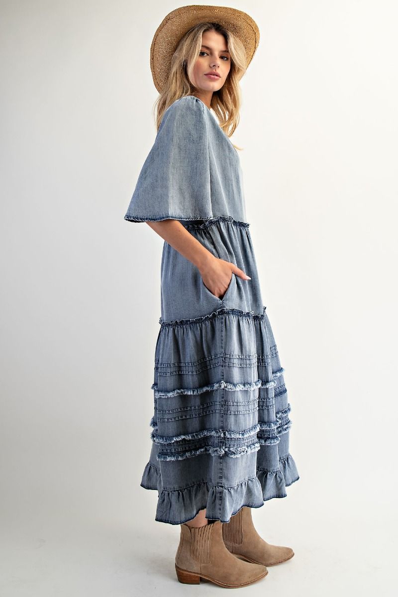 Wing Sleeves Washed Denim Maxi Dress