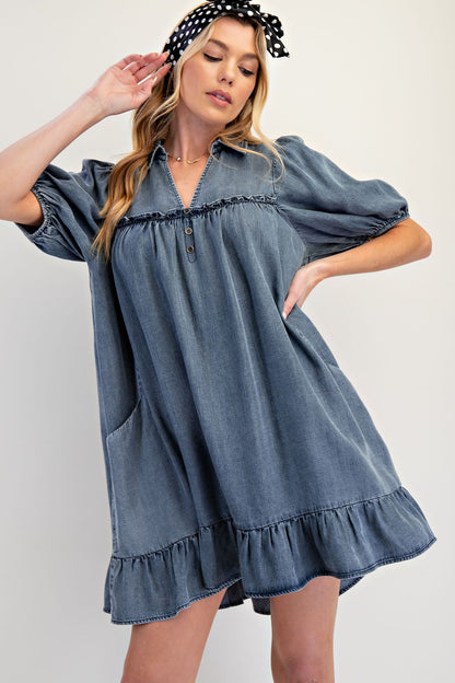 Ruffle Bottom Washed Chambray Dress