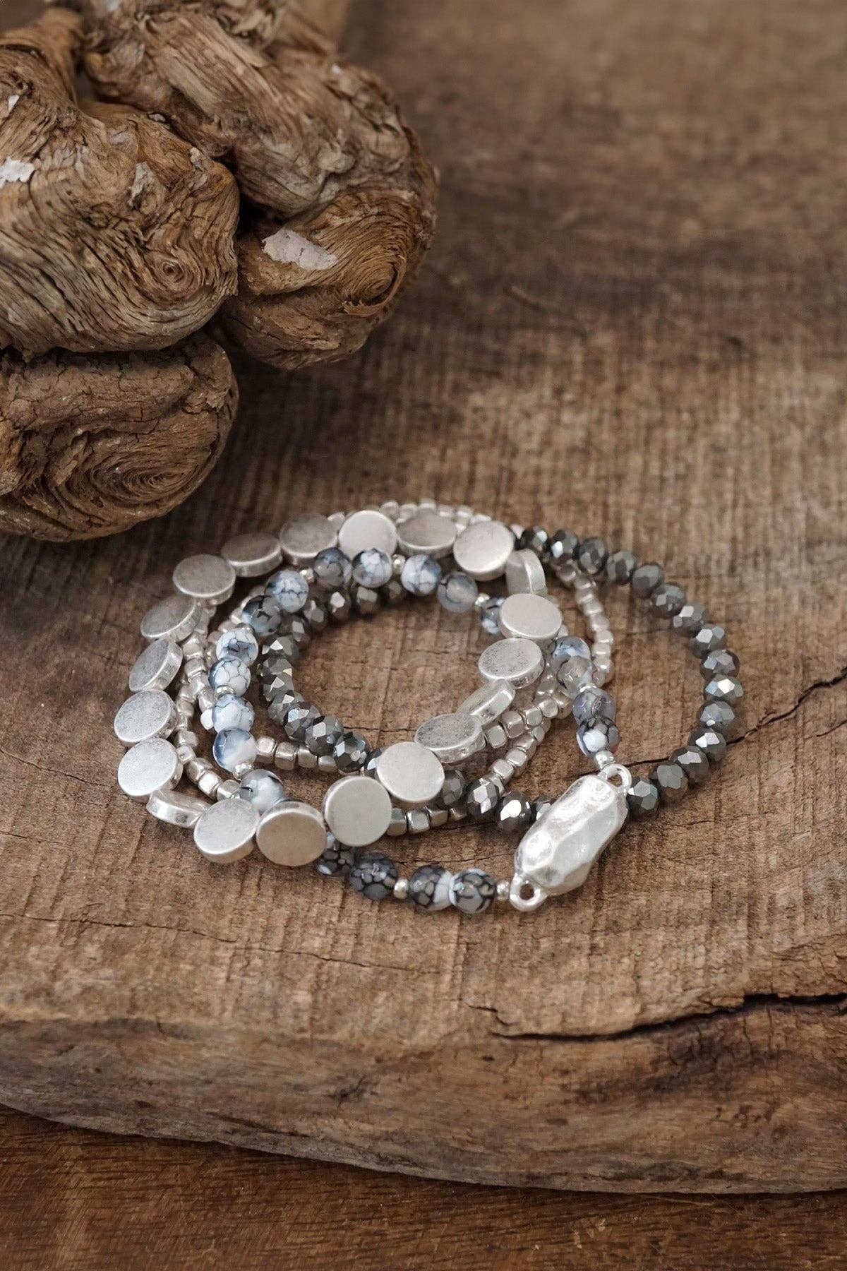 5 piece Boho Beaded Bracelet Stack Semi Precious Silver Tone