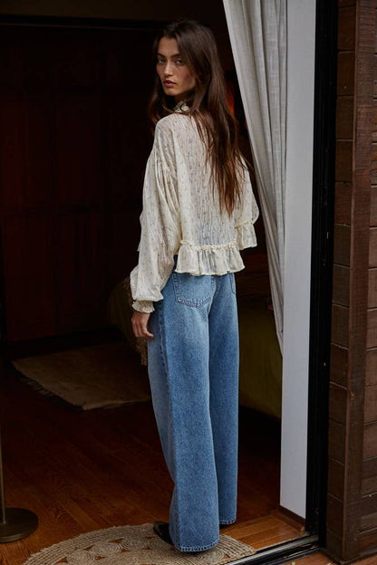 Woven Polyester Floral Print See Through Smocked Top