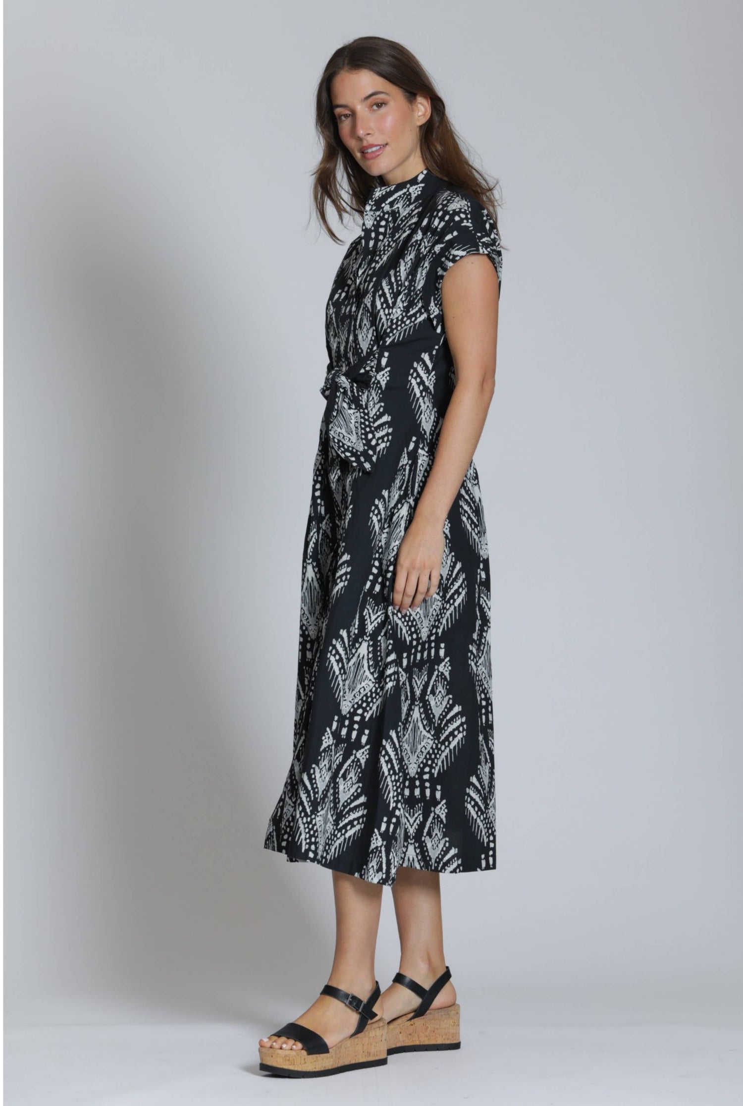 Patterned Tie-Front Midi Dress