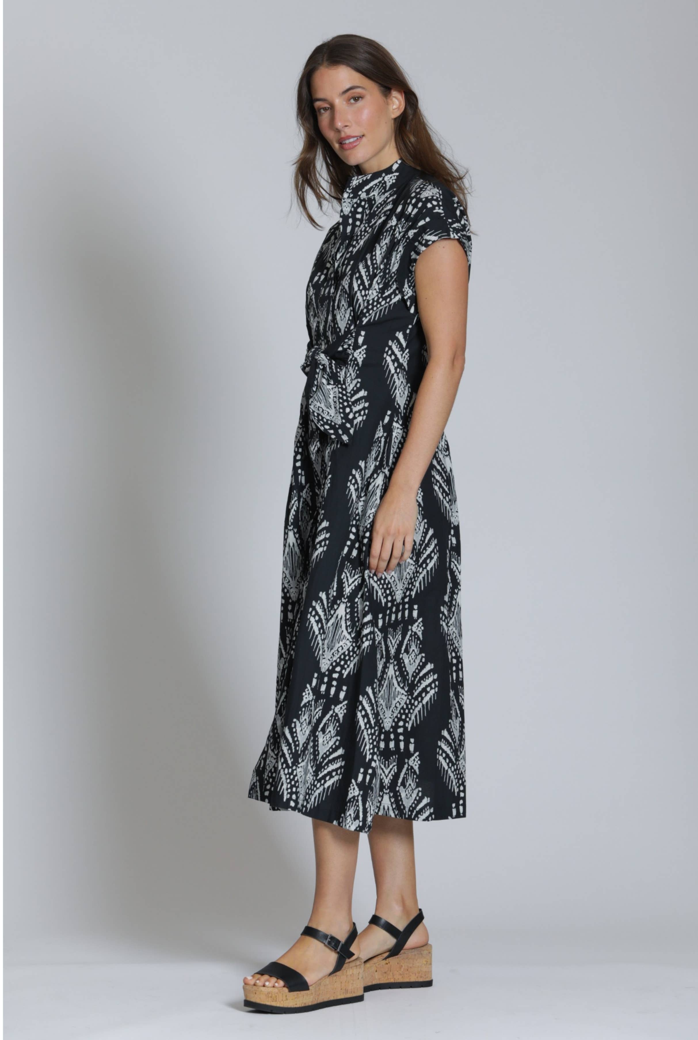 Patterned Tie-Front Midi Dress