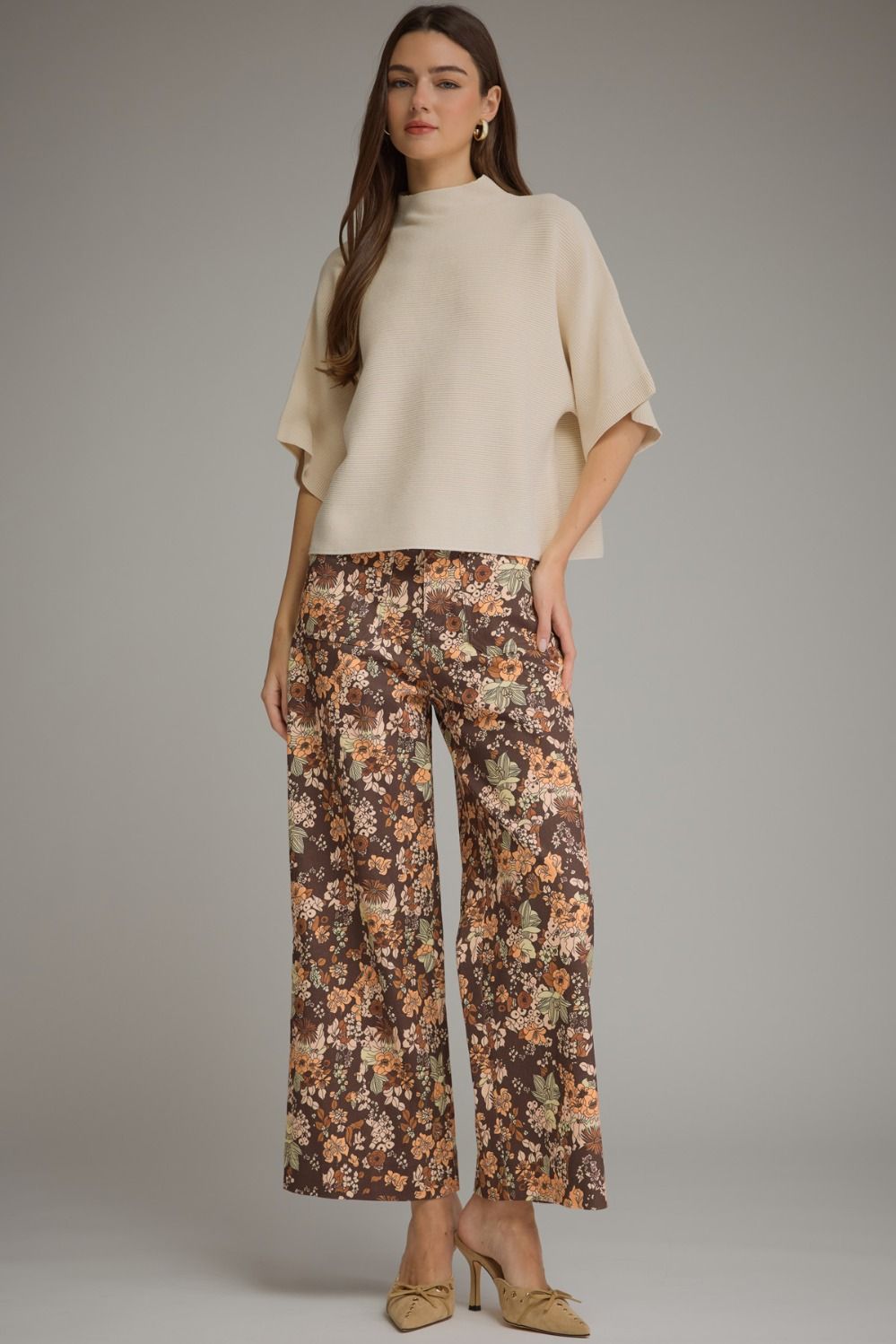 Retro Orange Floral Wide-Leg Pants
