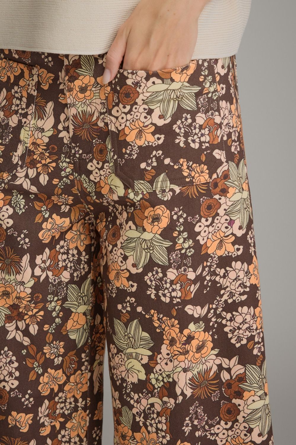 Retro Orange Floral Wide-Leg Pants