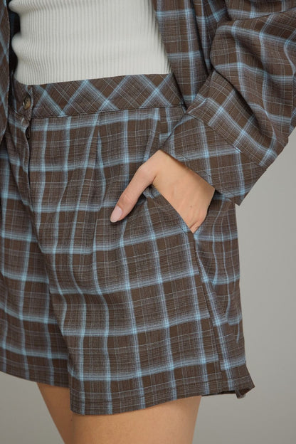 Pleated Plaid High-Waist Shorts