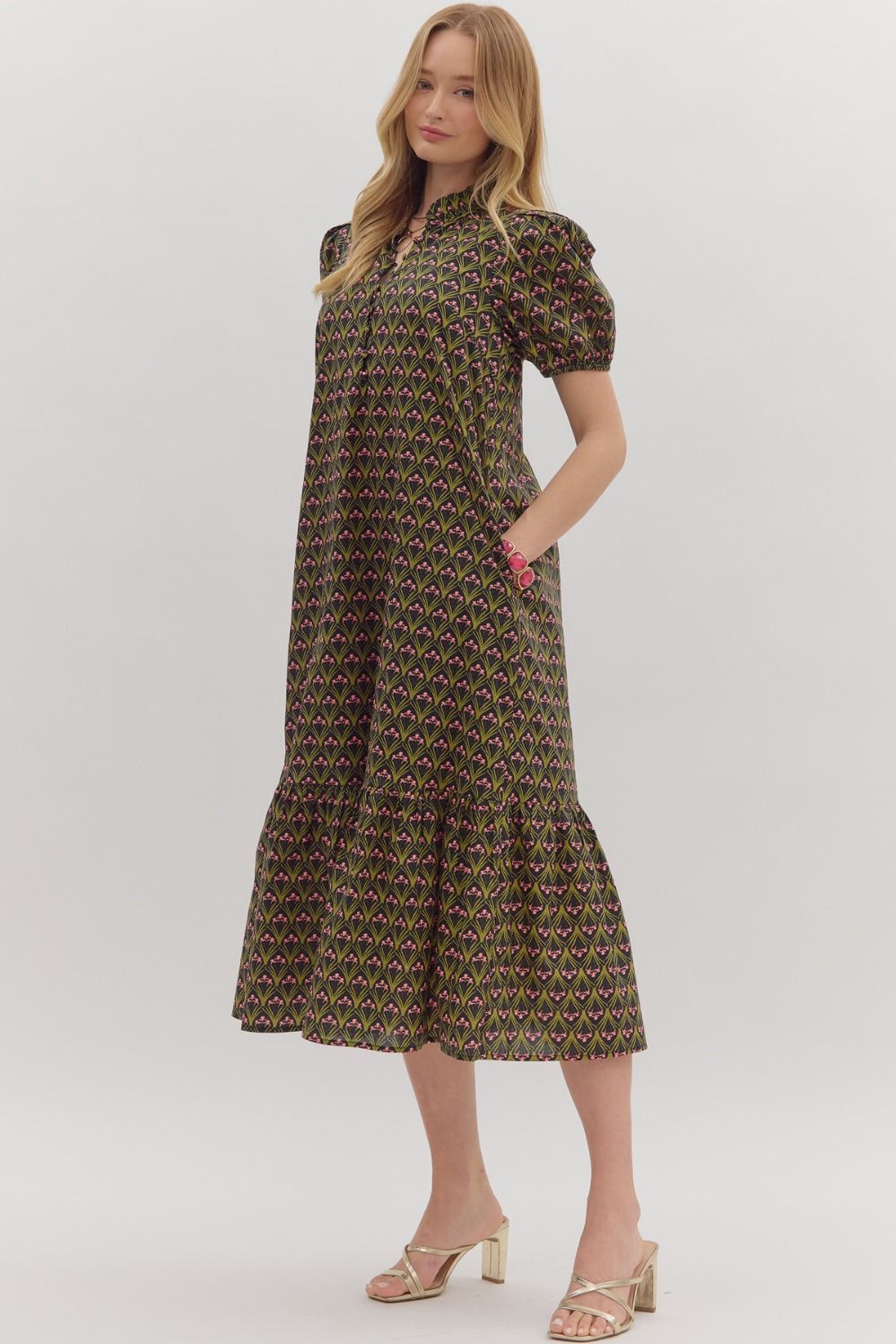 Floral Print Shoulder Pleated Puff Sleeve Ruffle Hem Midi Dress