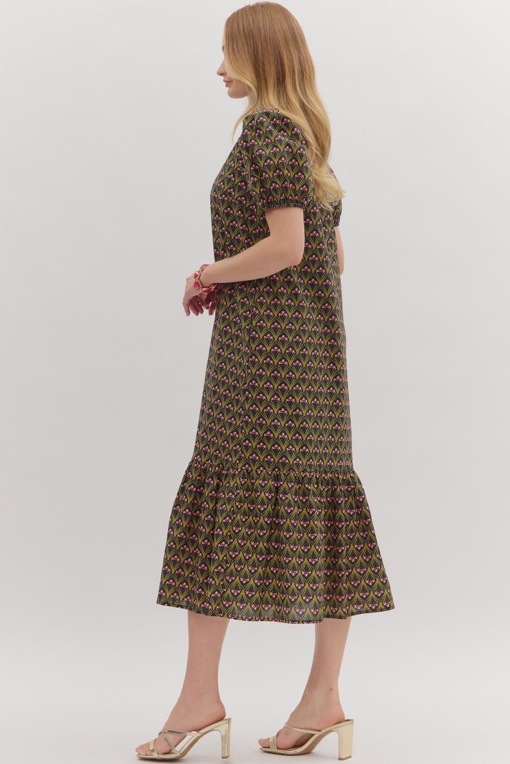 Floral Print Shoulder Pleated Puff Sleeve Ruffle Hem Midi Dress