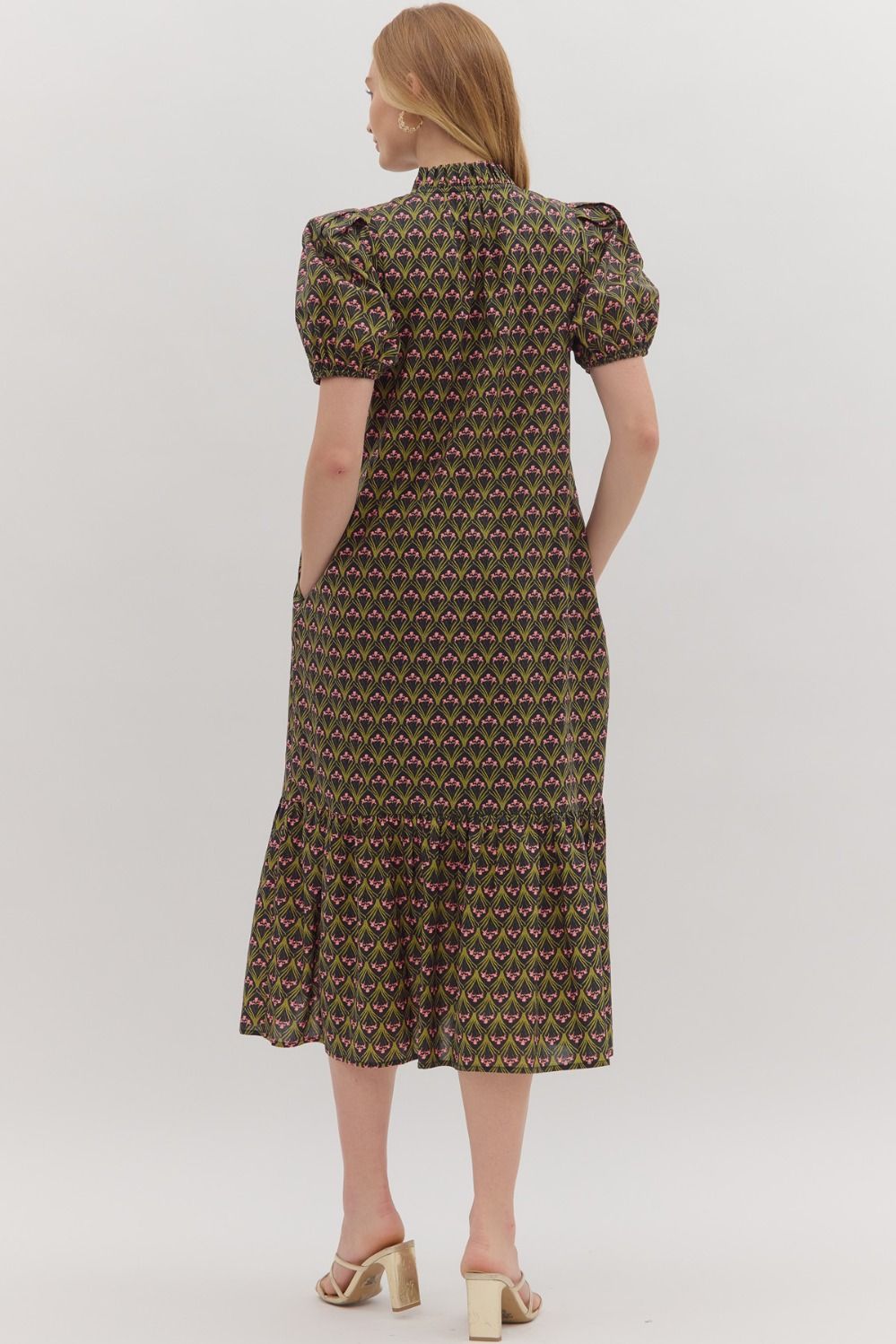 Floral Print Shoulder Pleated Puff Sleeve Ruffle Hem Midi Dress