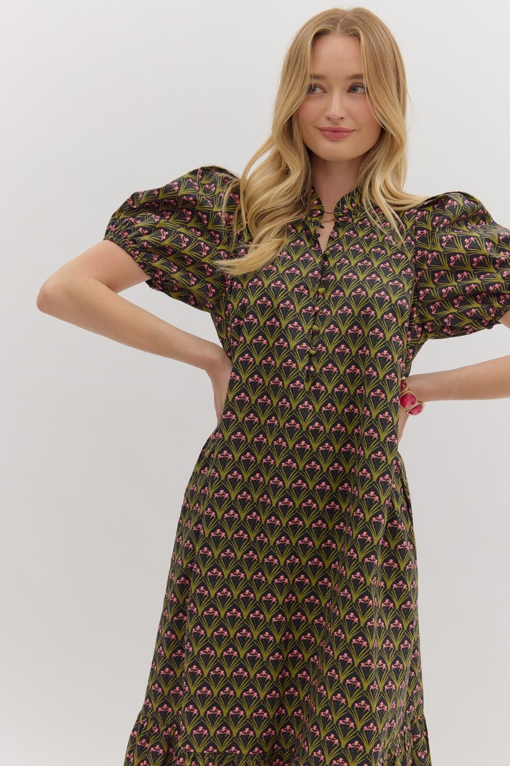 Floral Print Shoulder Pleated Puff Sleeve Ruffle Hem Midi Dress