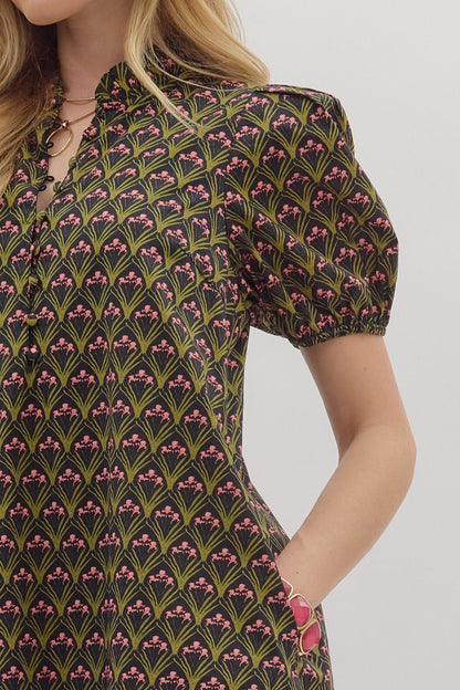 Floral Print Shoulder Pleated Puff Sleeve Ruffle Hem Midi Dress