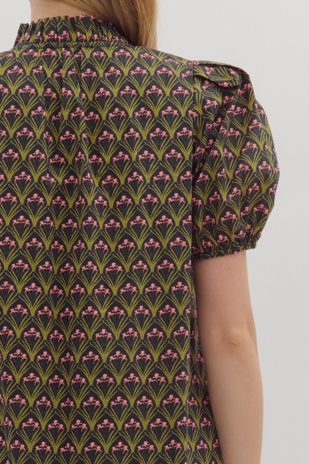 Floral Print Shoulder Pleated Puff Sleeve Ruffle Hem Midi Dress