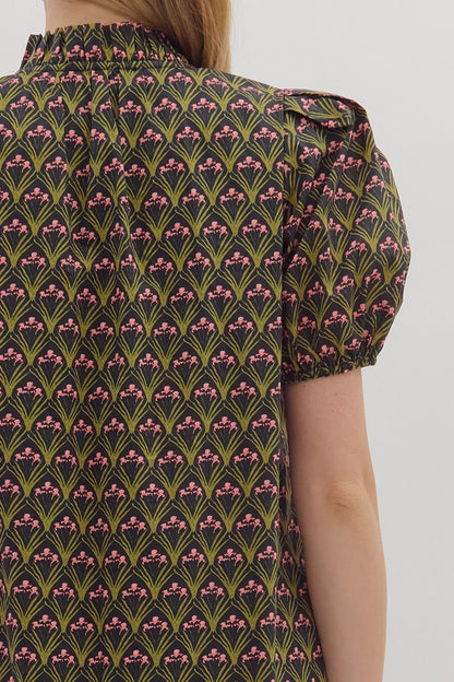 Floral Print Shoulder Pleated Puff Sleeve Ruffle Hem Midi Dress