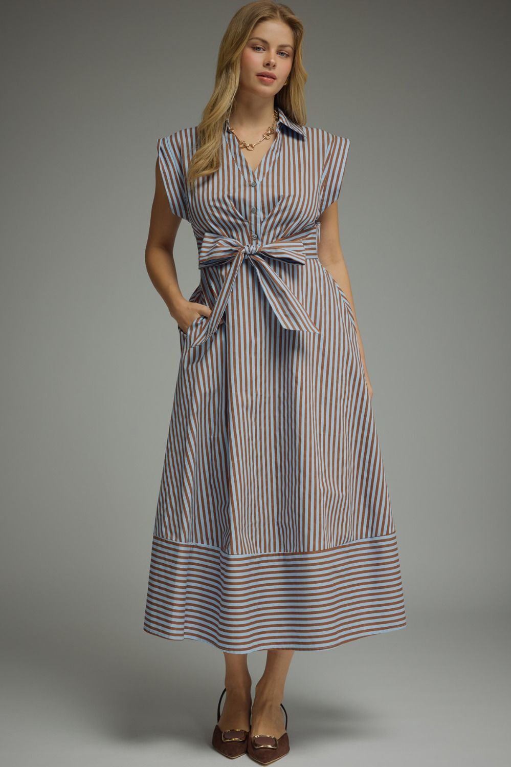 Striped Cap Sleeve Midi Dress