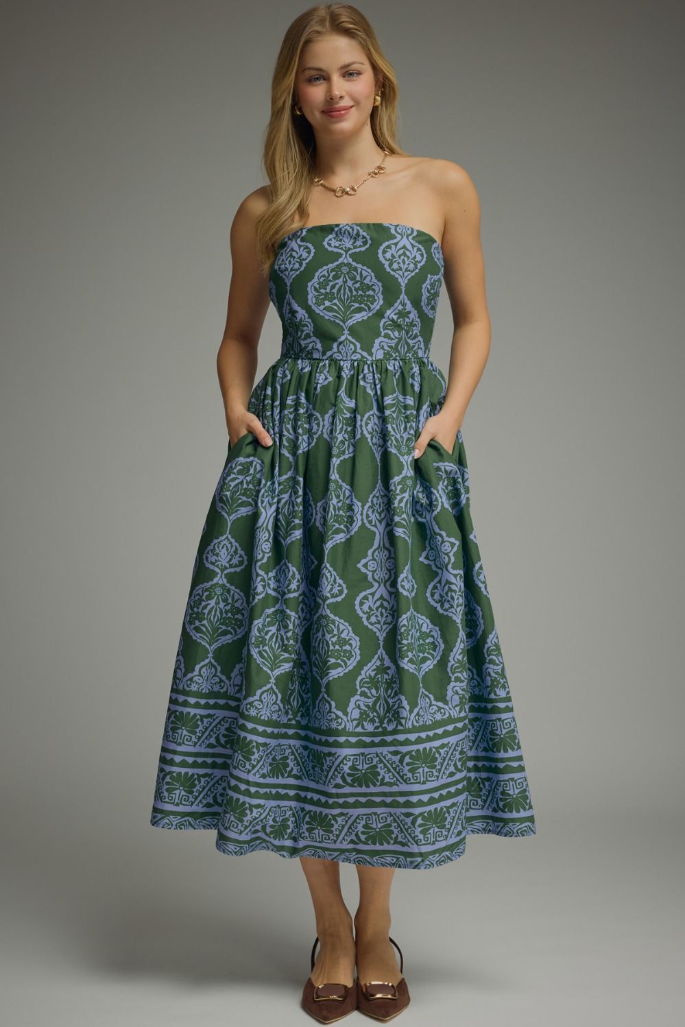 Printed Strapless Cotton Midi Dress