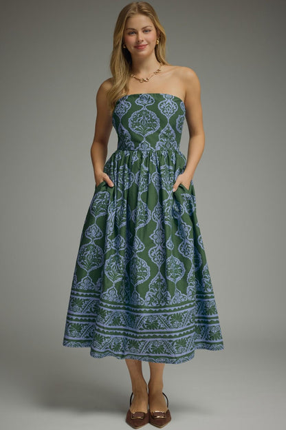 Printed Strapless Cotton Midi Dress