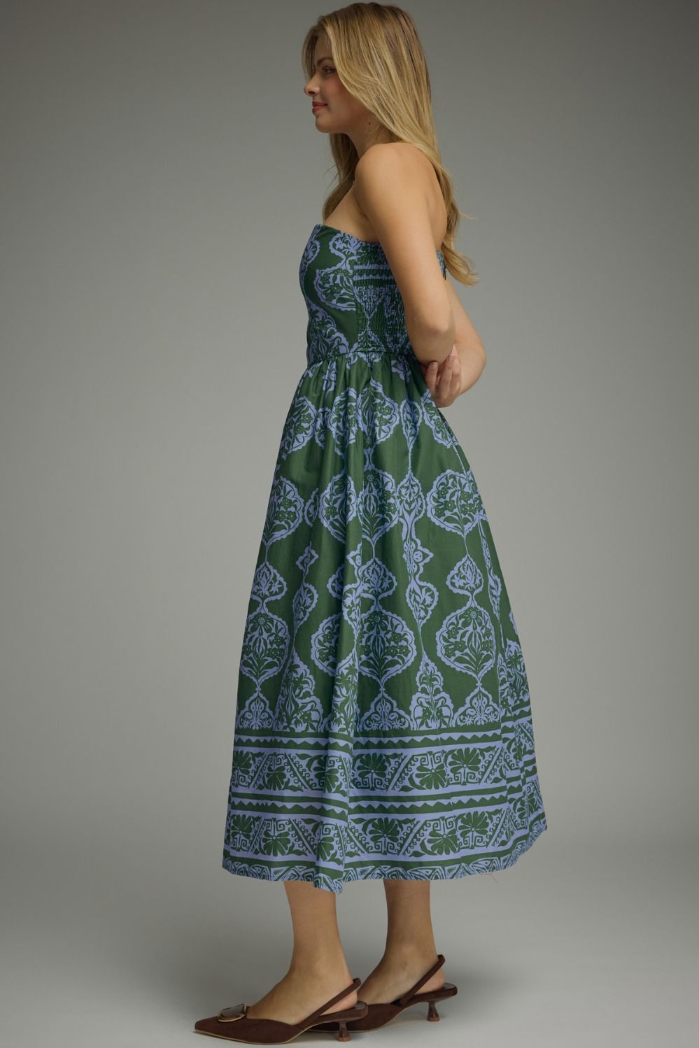Printed Strapless Cotton Midi Dress
