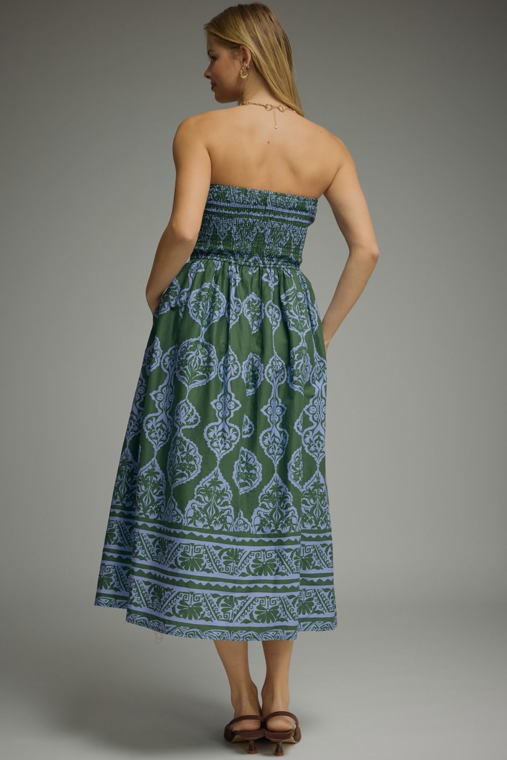 Printed Strapless Cotton Midi Dress