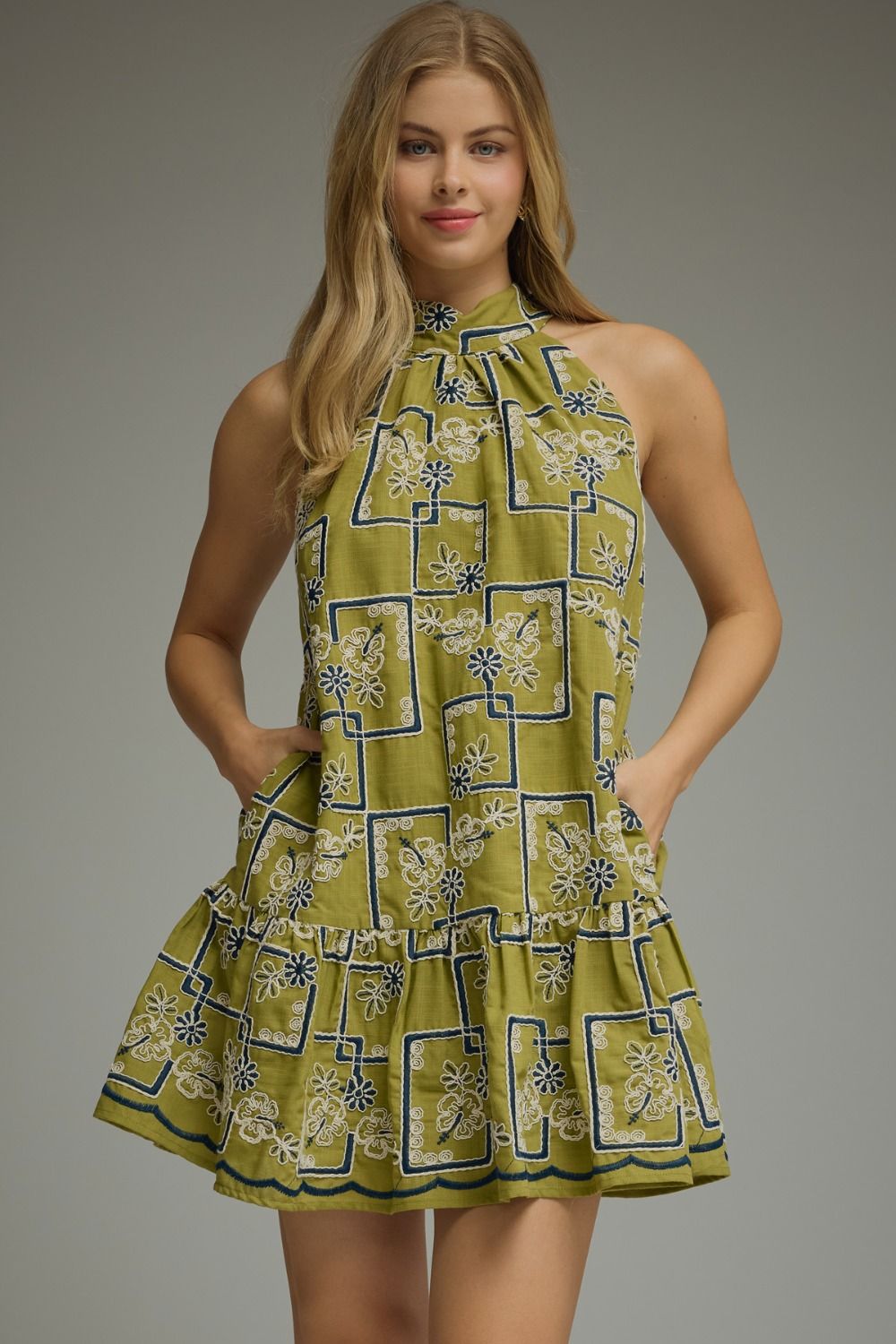 Embroidered Halter Mini Dress
