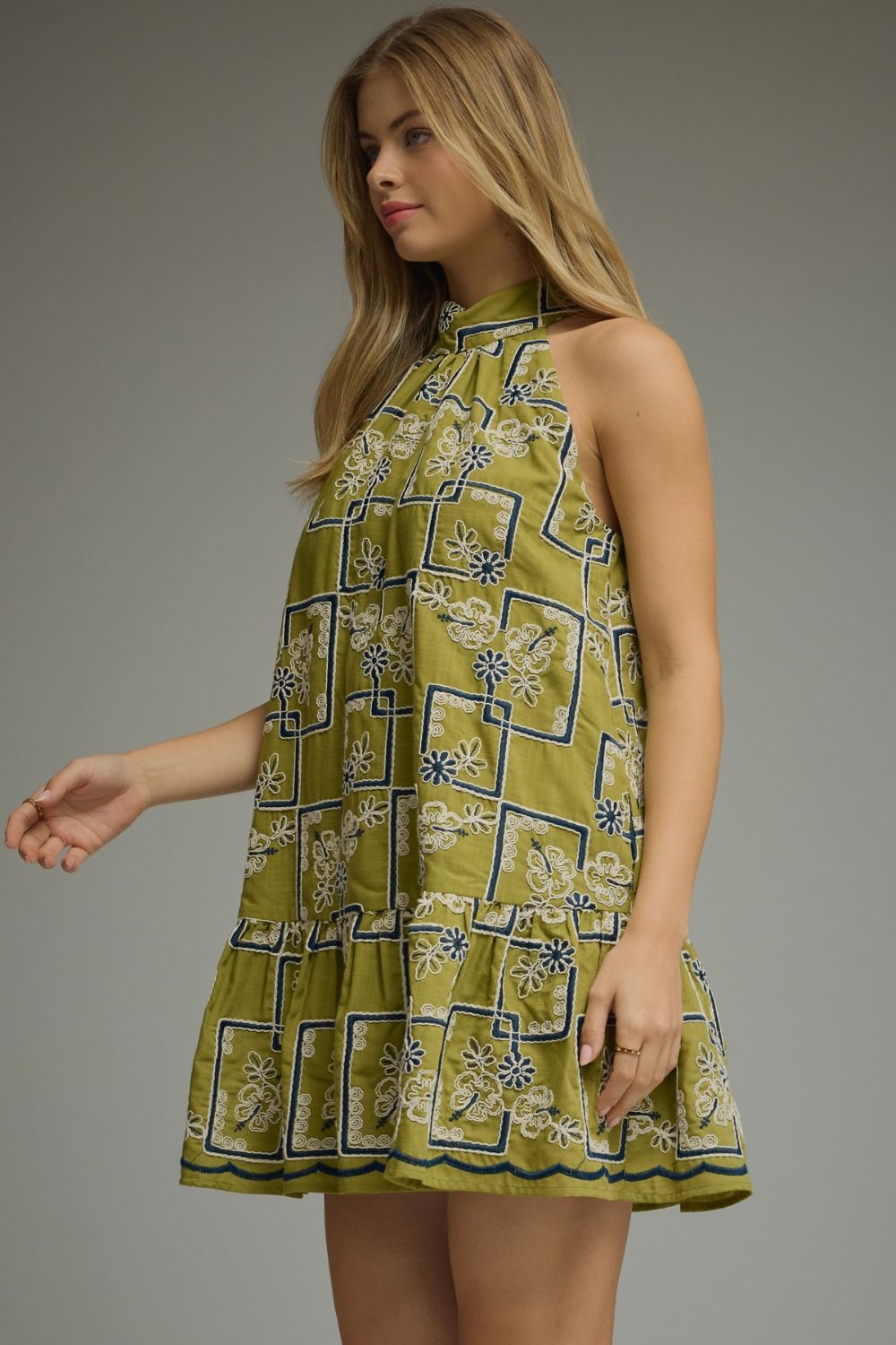 Embroidered Halter Mini Dress