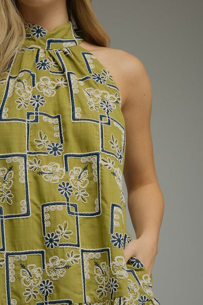 Embroidered Halter Mini Dress