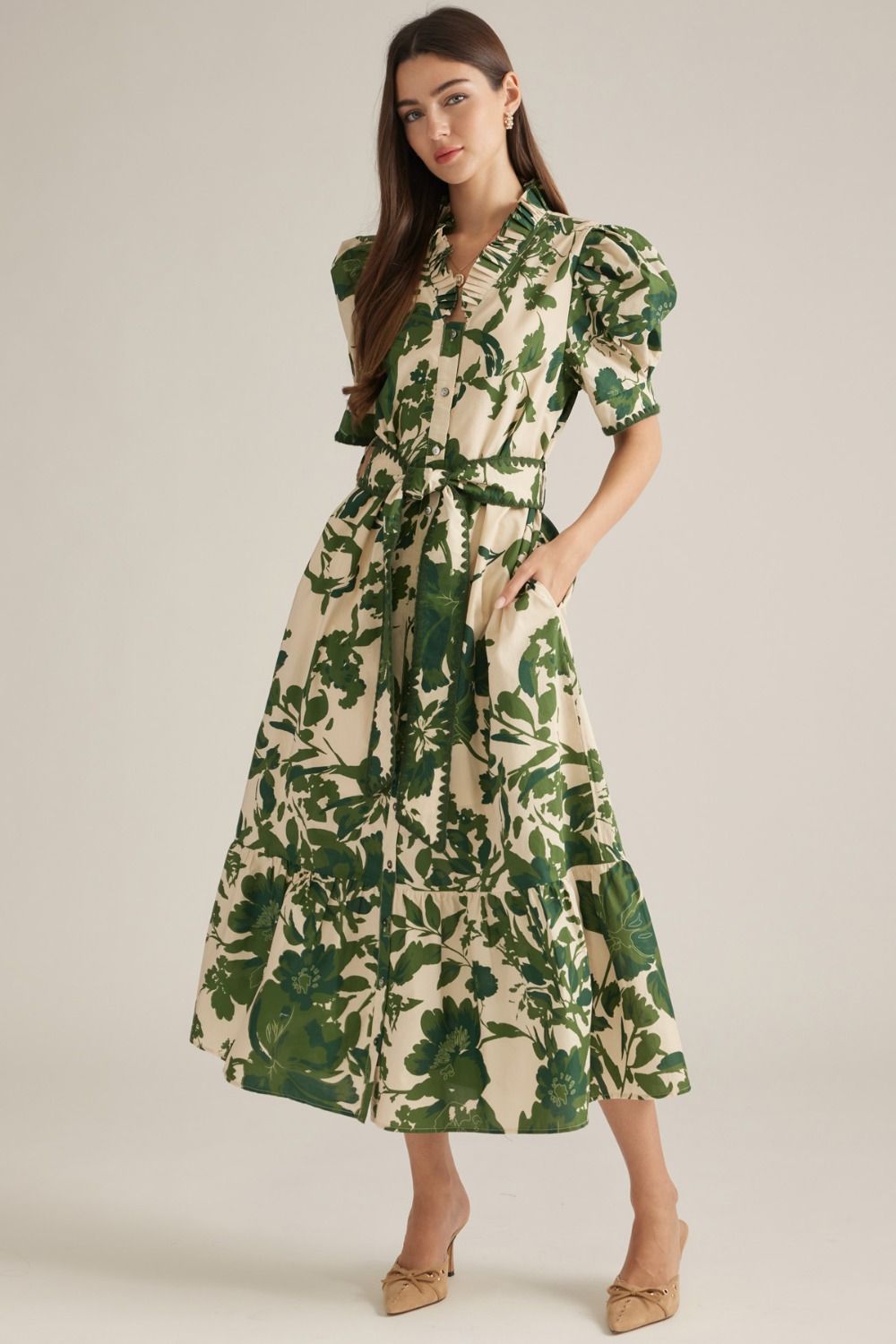 Green Floral Midi Dress with Belt