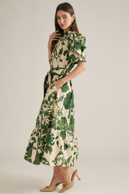 Green Floral Midi Dress with Belt