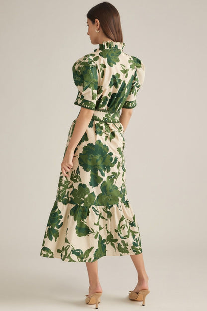 Green Floral Midi Dress with Belt