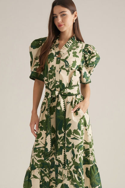 Green Floral Midi Dress with Belt