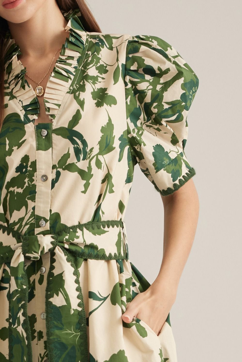 Green Floral Midi Dress with Belt