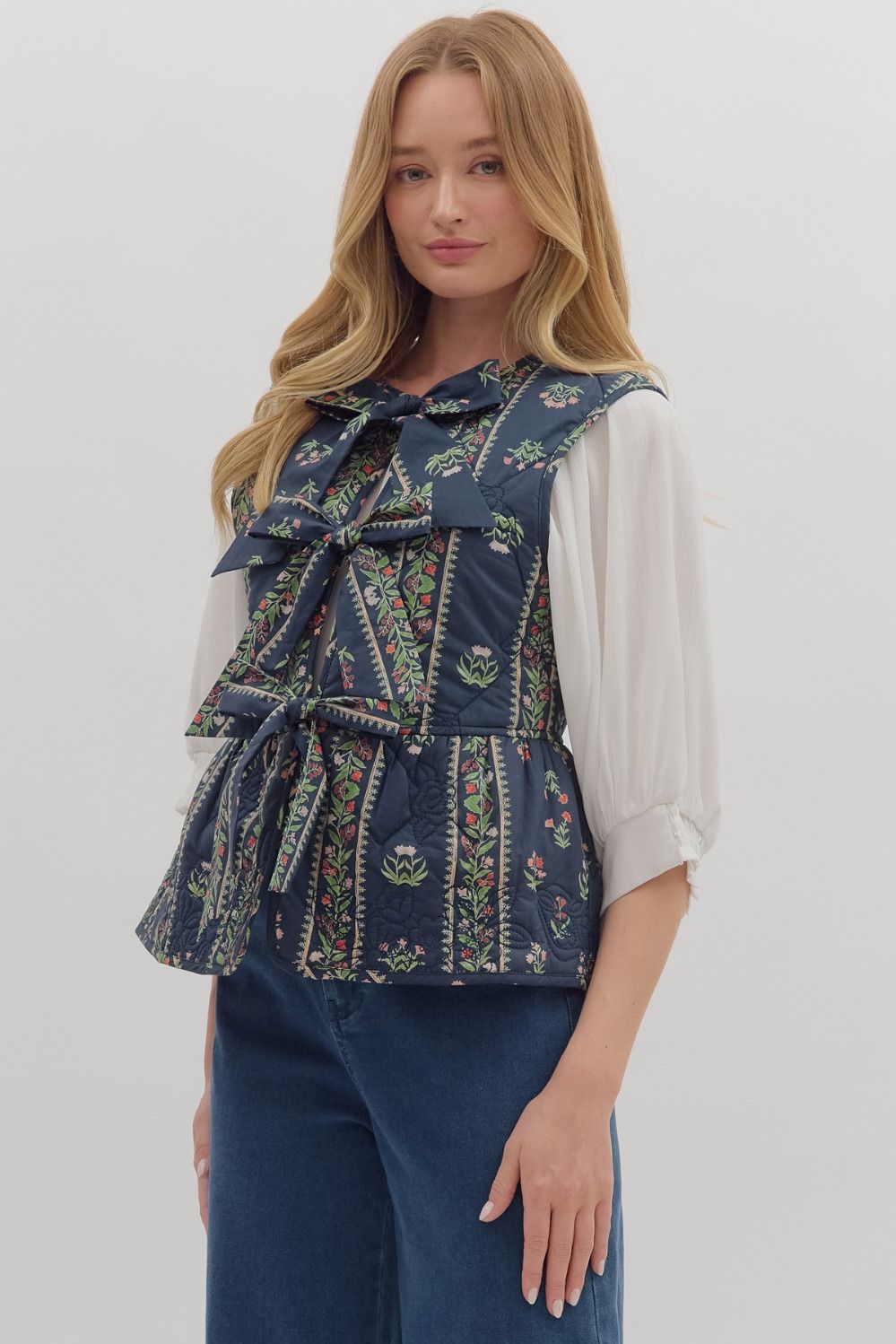 Quilted Botanical Print Sleeveless Peplum Vest