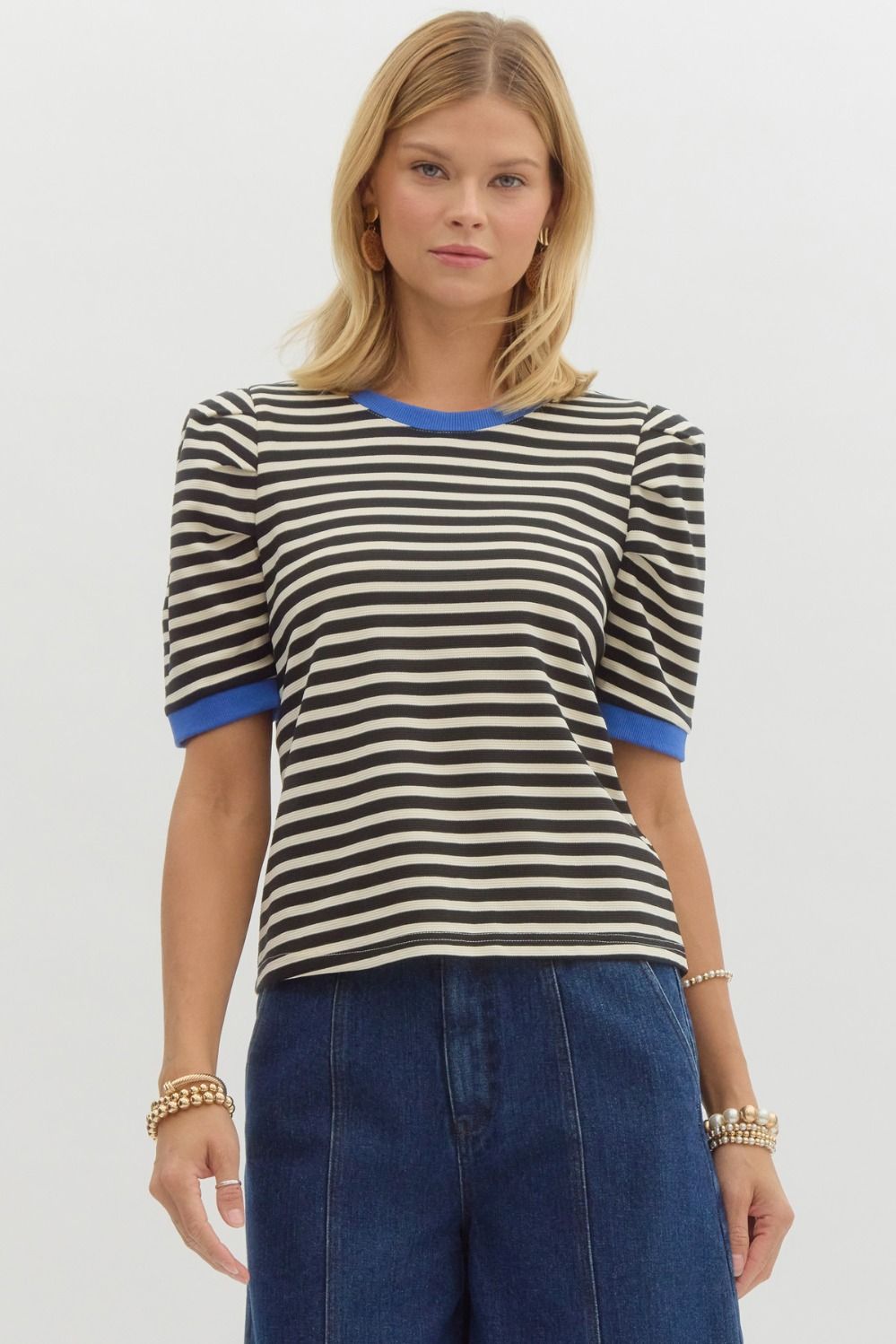 Black Striped Tee with Blue Edges