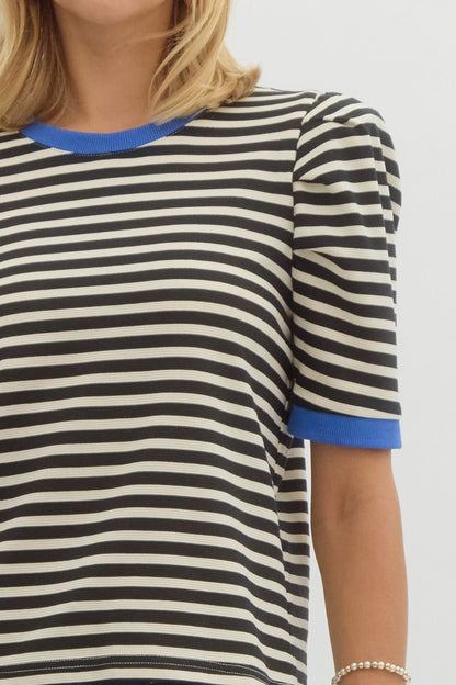 Black Striped Tee with Blue Edges
