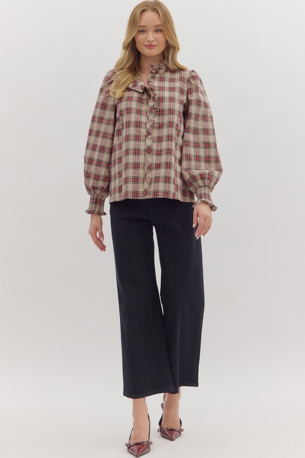 Feminine High Ruffle Neck Button-Down Plaid Blouse