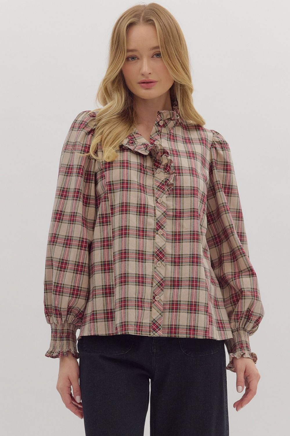 Feminine High Ruffle Neck Button-Down Plaid Blouse