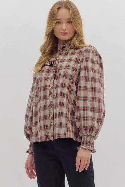 Feminine High Ruffle Neck Button-Down Plaid Blouse