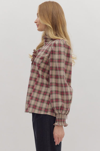 Feminine High Ruffle Neck Button-Down Plaid Blouse