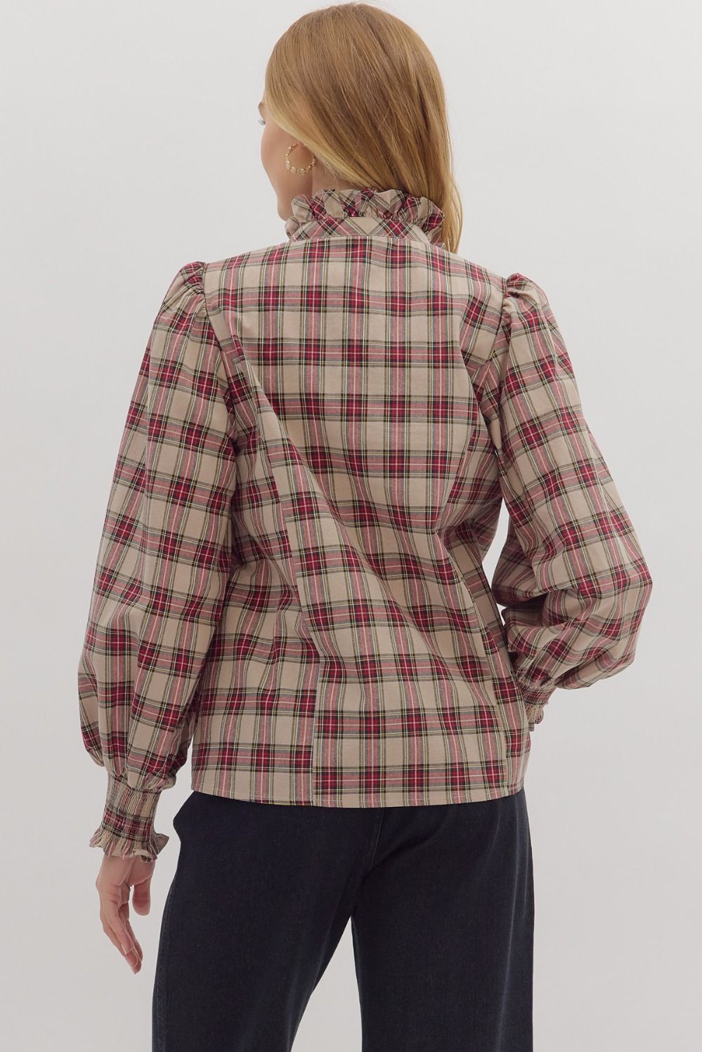 Feminine High Ruffle Neck Button-Down Plaid Blouse