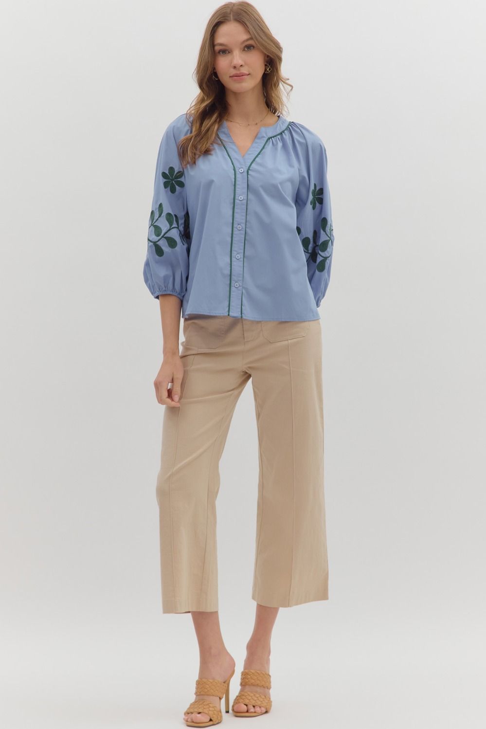 Solid Top Featuring Embroidered ¾ Sleeves