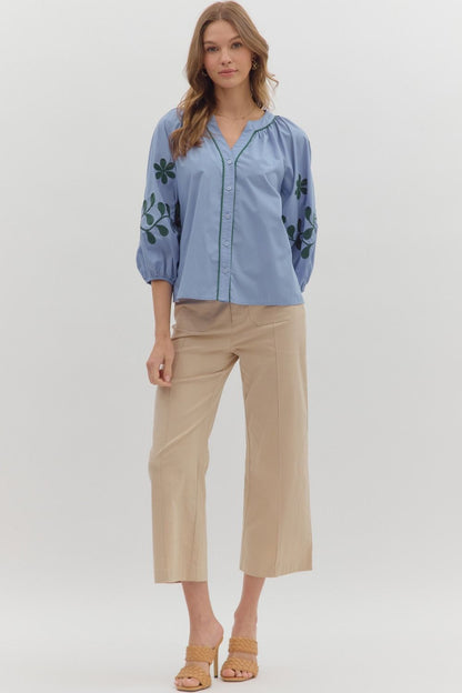 Solid Top Featuring Embroidered ¾ Sleeves