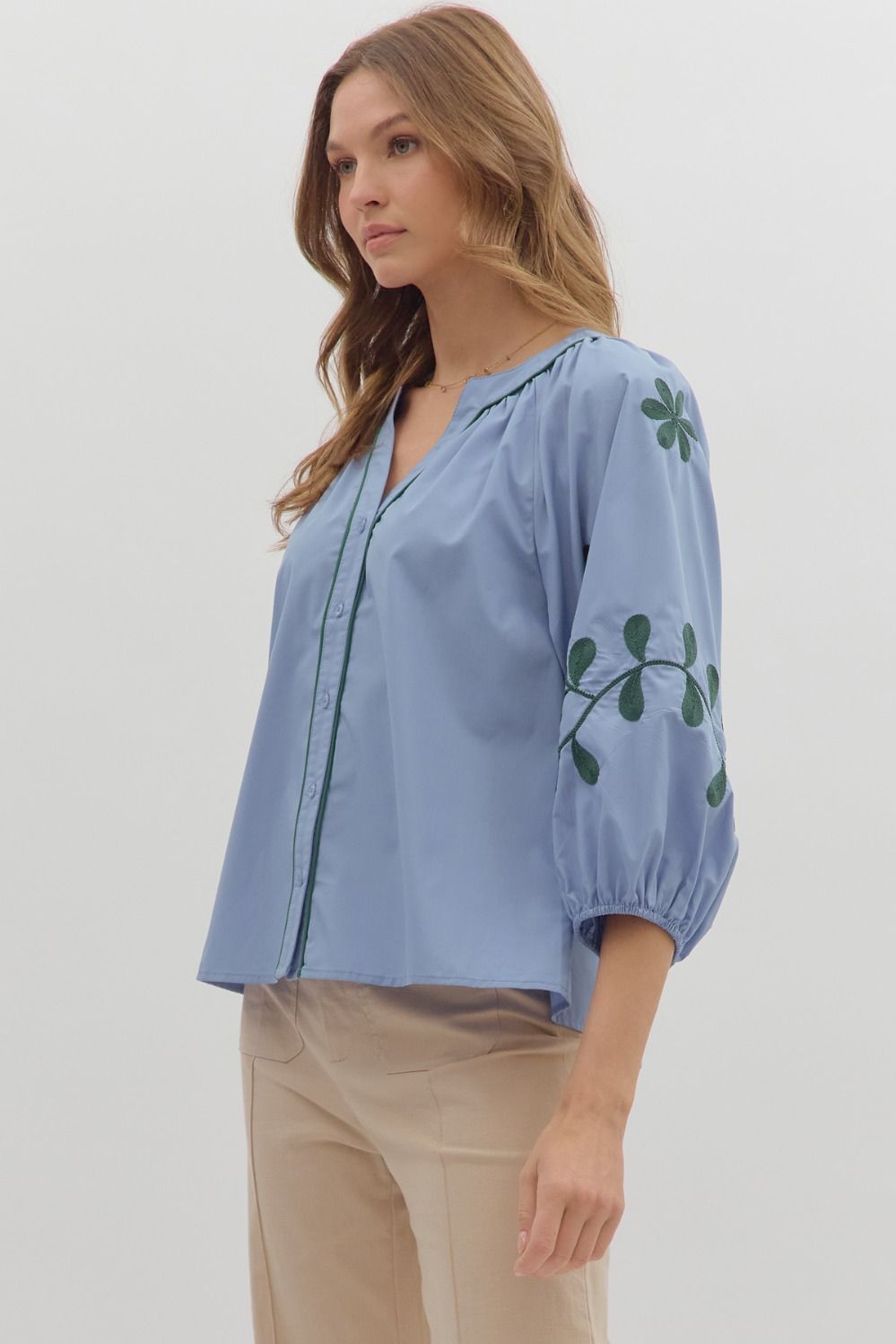 Solid Top Featuring Embroidered ¾ Sleeves
